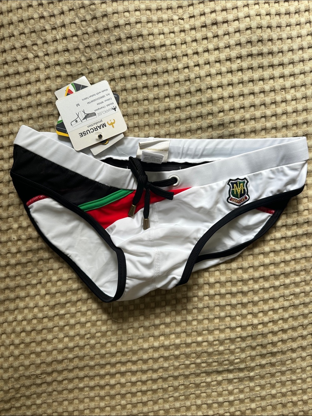 Men's White Swim Briefs with Red & Black Trim